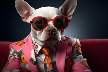 Stylish French Bulldog Posing in Fashionable Attire Jacket, Tie, Glasses  a Supermodel of the Canine World, with Space for Text on the Right