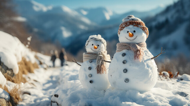 Funny couple of snowman in the mountains. Christmas and New Year background.