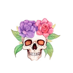 Watercolor skull with spring purple and pink flowers