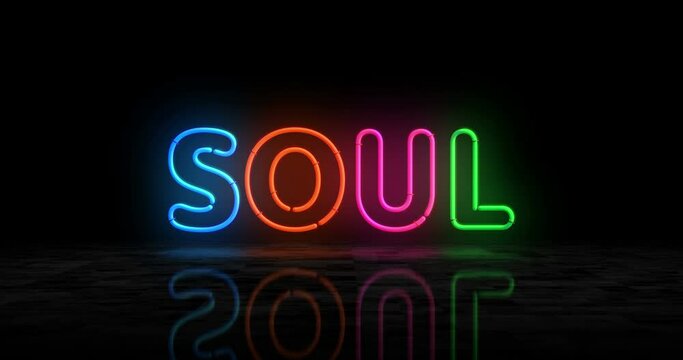 Soul neon glowing symbol. Light color bulbs. Music retro style  abstract concept 3d animation.