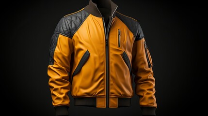 A yellow and black zipper hoodie jacket coat for men on a black background put on a mannequin