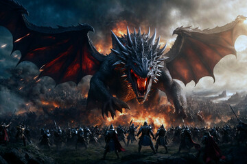 Fantasy fight between a human army and a great dragon