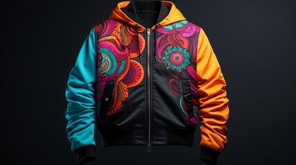 A colorful flower pattern black, blue, and orange jacket coat hoodie for a man put on a mannequin with a black background