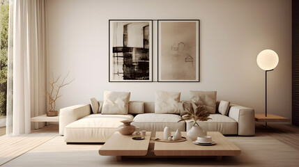 Fototapeta na wymiar Modern living room interior with minimalist furniture and neutral colors