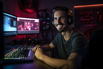 Fototapeta na wymiar Content creator and streamer in his home media studio in front of his computer