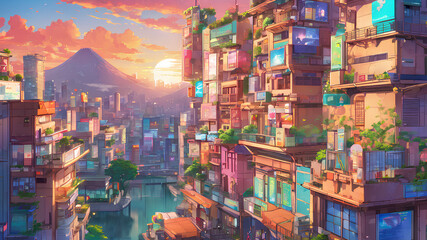 Image of city streets in anime style in bright and delicate colors. City landscape illustration. City wallpaper. AI generated
