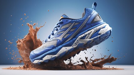 A blue sneakers boots isolated on a blue background with splashing colors brown, A sport footwear shoes for fitness and running