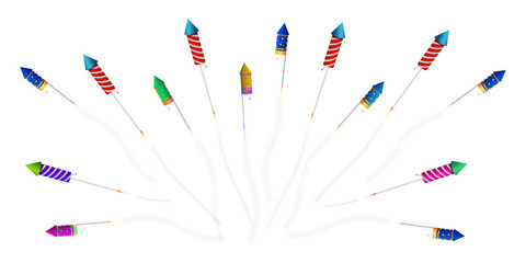 Set of colorful fireworks rocket isolated in different colors on a white background.