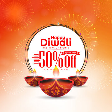 50% off Diwali celebration promotional banner with diya oil lamps and fireworks background.