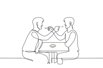 men spoon feeding each other - one line art vector. concept lovers gays in a cafe or restaurant, metaphor for sharing food, symbiosis, compromise in relationships