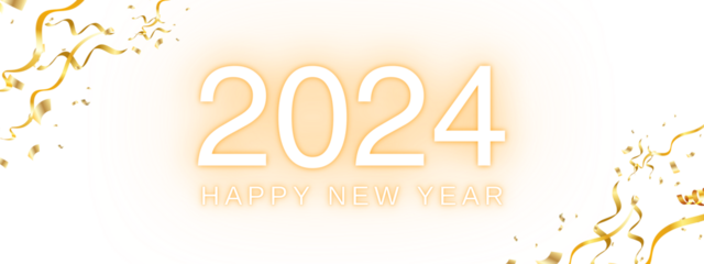 Happy new year 2024 - golden text, golden confetti