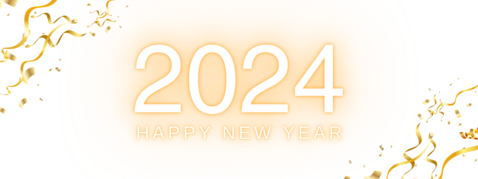 Happy new year 2024 - golden text, golden confetti
