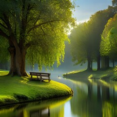 A tranquil pond surrounded by weeping willow trees - obrazy, fototapety, plakaty