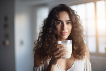 A beautiful young woman drinking a glass of milk