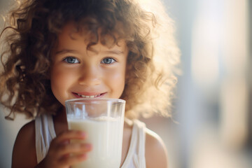 Close-up photo of Little girl enjoy drinking fresh milk