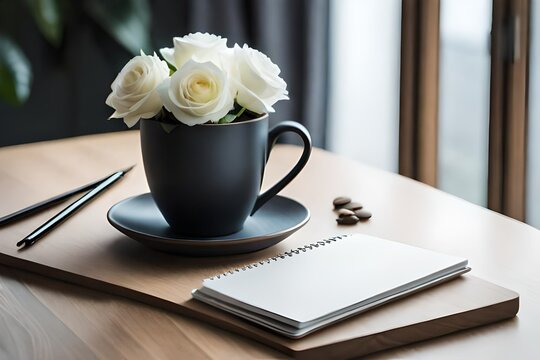 cup of coffee and rose on a woden table near window,white roses,with good morning note.
