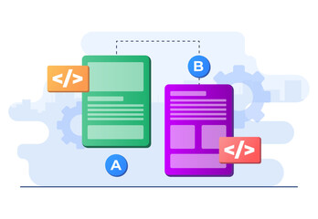 AB testing concept flat illustration vector template for website banner, Comparison split wireframe application on display smartphone, compare test result between 2 page of website design