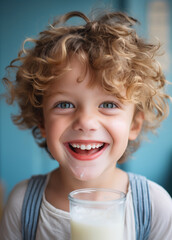 American child happily drinks milk