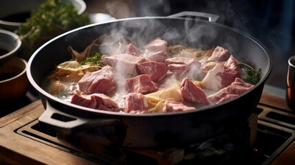 Sukiyaki being prepared at a dinner table showcasing the beef being cooked in the pot