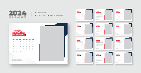 Desk calendar template for 2024, monthly planner design in corporate and business style - obrazy, fototapety, plakaty