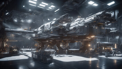 scifi spaceship in hangar. Extremely detailed and realistic concept design illustration - obrazy, fototapety, plakaty