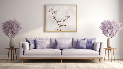 Fototapeta premium Muted Lavender Sofa with Pillows in a Tranquil Setting