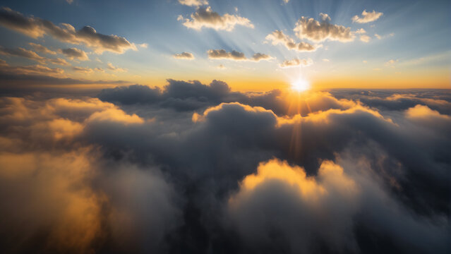 Sky from above the clouds with sunset in background. Photorealistic high resolution concept design illustration