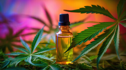 Essential oil in bottle with fresh green cannabis on colorful background