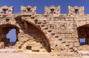 Old stone fortress wall on the island of Rhodes.