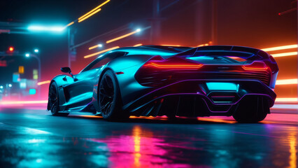 Sportscar with neon shiny background lights in city. Extremely detailed and beautiful concept design illustration - obrazy, fototapety, plakaty