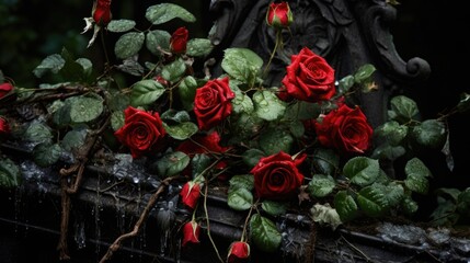 Wild red rose bush thriving in a old gothic cemetery near ruined and overgrown graveyard tombstones, deep dark forest background, romance lost but love is eternal. 