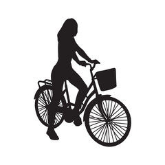 Girl riding bicycle ink silhouette. Black shadow of cyclist. Female image active lifestyle, isolated vector illustration