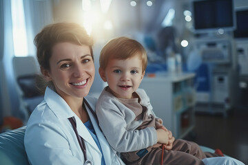 Portrait of a smiling woman doctor with little boy sitting on her laps. Taking care about patients in the hospital. 