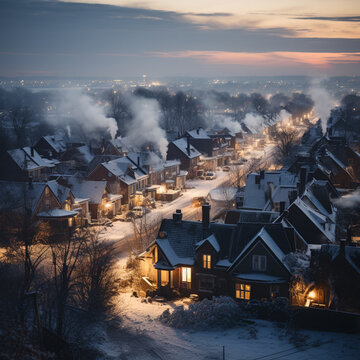 Aerial view of small settlement in winter with smoking chimneys, AI generated