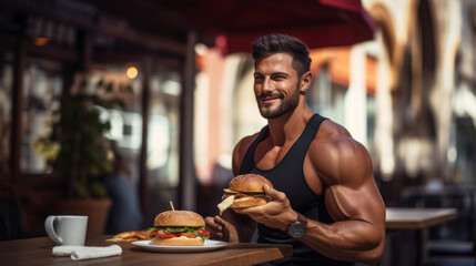 A muscular young man in a cafe eating a burger