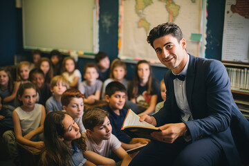 A teacher in a suit reading with his students in class - obrazy, fototapety, plakaty
