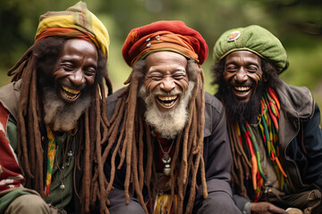 Three Rastafarians having a good time outdoors - obrazy, fototapety, plakaty