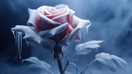 A frozen pink rose with smoke on dark background