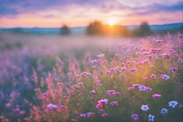 Beautiful purple flowers against the background of the sunset