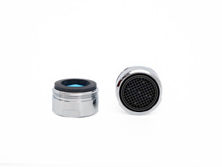 Clean new faucet aerator isolated on white background. Water tap dial for more efficient use of...