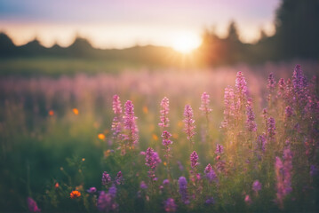 Beautiful purple flowers against the background of the sunset