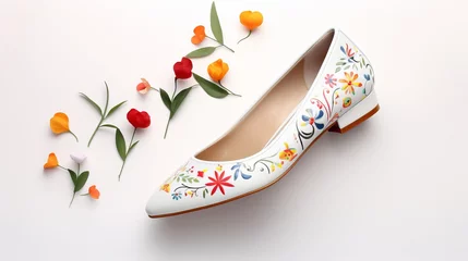 Foto op Plexiglas White heel shoes for ladies with flower design on White Background © Aazish 