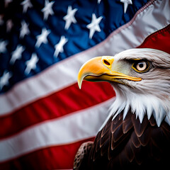 Bald Eagle and the American Flag blurred in the background. Stars and Stripes and concept of Patriotism and pride. Shallow field of view with copy space.
