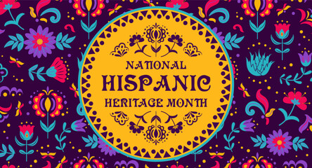 Hispanic Heritage Month. Mexican folk flowers, colorful buds and leaves, Cinco de Mayo festival floral design. Vintage vector illustration. Template for banner, flyer, card, poster.