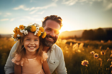 Smiling happy father and daughter with flower wreath on her head looking at camera in the field. Copy space. Father's day concept.  - obrazy, fototapety, plakaty