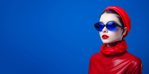Colorful studio portrait of a cool teenager girl with age specific outfit and accessories. Bold, vibrant and minimalist. Negative space for copy