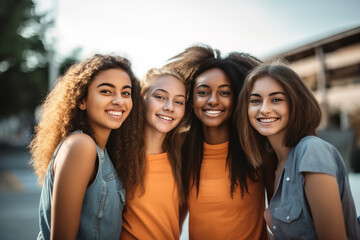 Obraz premium Group of four smiling happy teenage girls hugging each other outdoors and looking at the camera. 