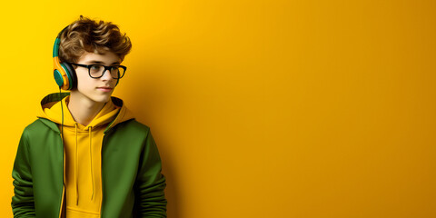 Colorful studio portrait of a cool teenager boy with age specific outfit and accessories. Bold, vibrant and minimalist.  Negative space for copy