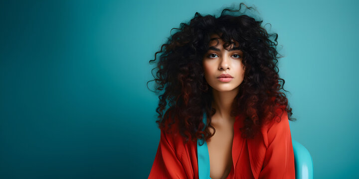 Colorful studio portrait of a young middle-eastern woman with big curly hair, Turquoise & Coral. Negative space for copy