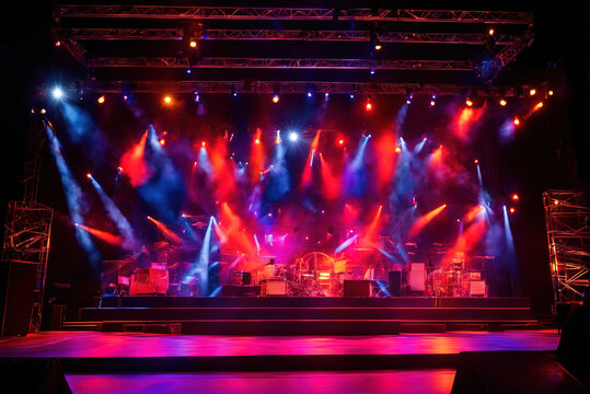 Spotlights and equipment on a large professional stage, smoke-filled stage effect
